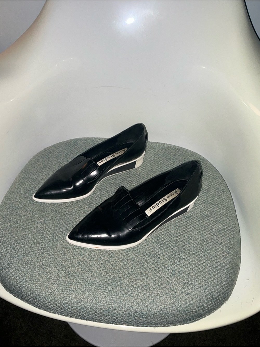 Acne Studios Black Pointed Patent Leather Loafers with Fringe. Size 38